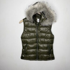 Gap Green Primaloft Puffer Vest Faux Fur Trimmed Hood Hooded Women's Small